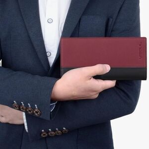 🩵⏭️NIB Black & Burgundy Italian Leather RFID Blocking Long Bi-Fold Wallet